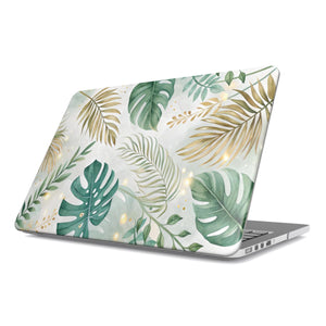 Tropical Watercolor Leaf MacBook Case – Botanical Green & Gold Design